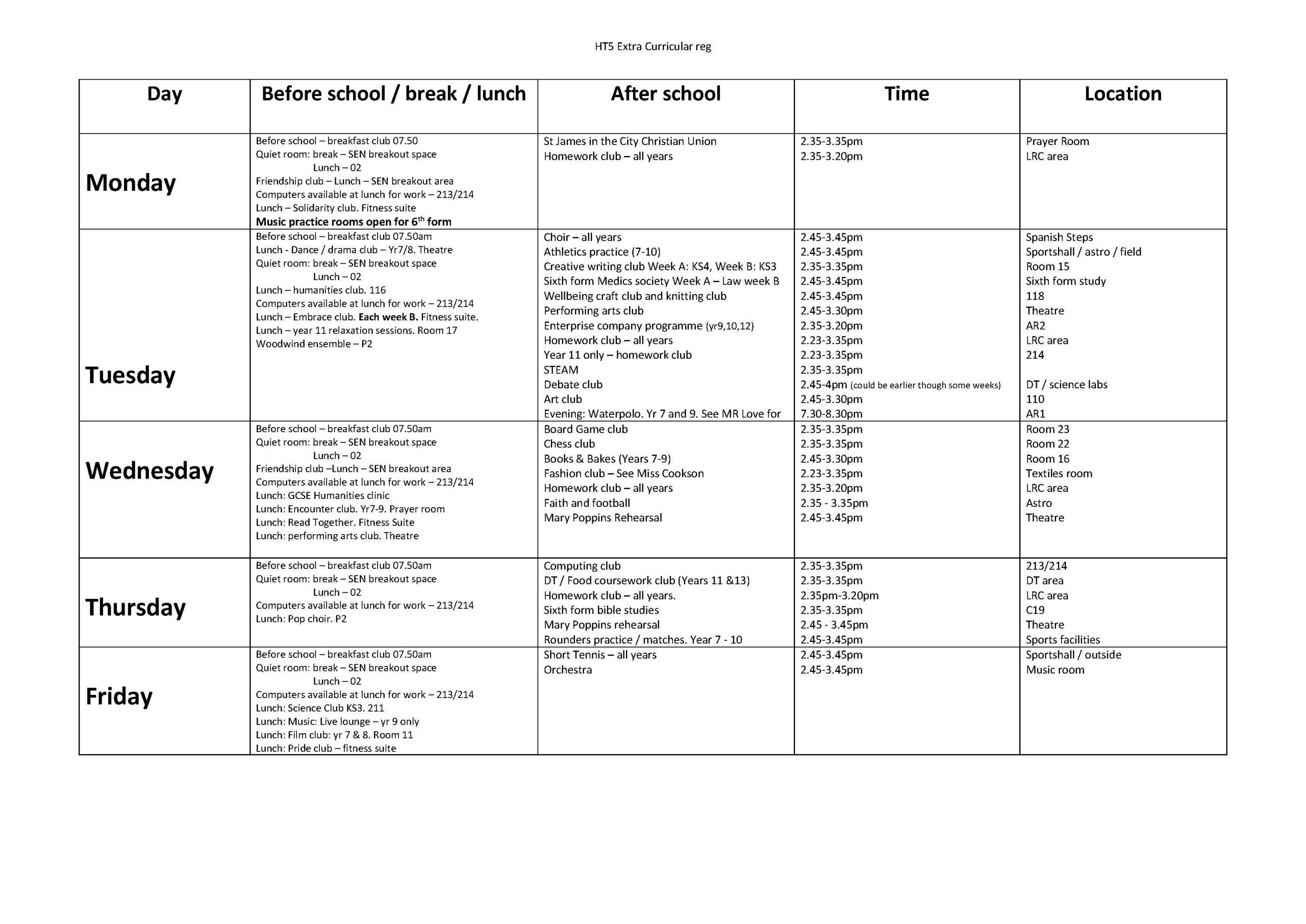 HT 5 extra curricular timetable